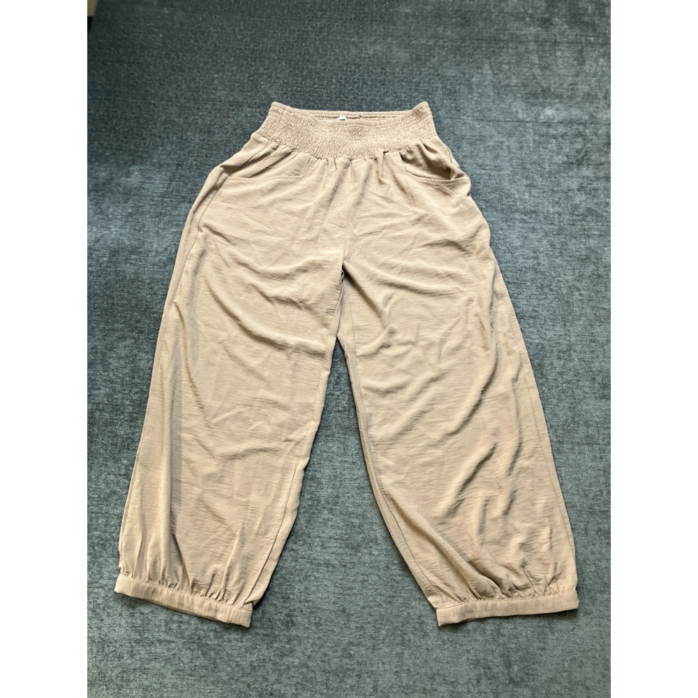 Caracilia Jogger Pants Womens Large Tan Brown Wide Leg Elastic Smocked Waist